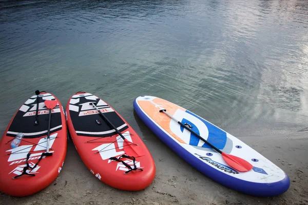 Bağlar ve kürekler ile üç çok renkli markalı Sap panoları nehrin kıyısında yalan