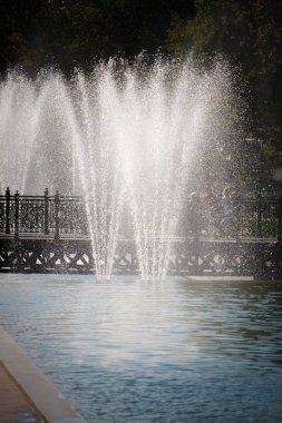 Halka açık bir parkta zarif bir köprüye karşı güneşte parıldayan bir çeşmeden yüksek su fışkırıyor