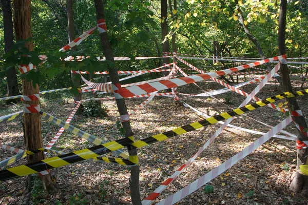 Bandes rouges et blanches autour de la zone de l'incident dans le parc, mise au point sélective — Photo