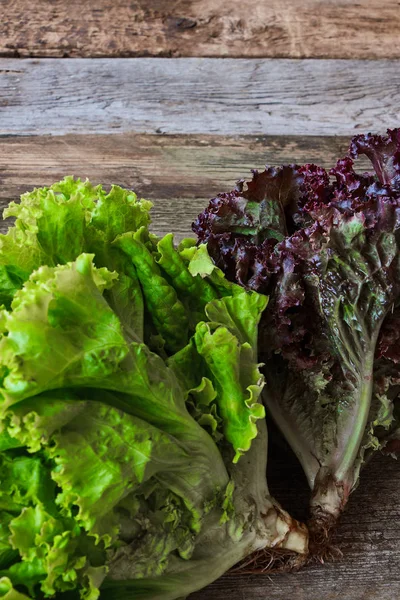 Eski pürüzlü ahşap yüzey, sağlıklı beslenme konsepti, seçici odak üzerinde kök ile yeşil ve kırmızı taze marul
