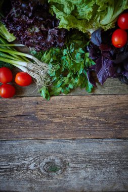 Eski pürüzlü ahşap yüzeyde taze sebze ve otlar, sağlıklı beslenme konsepti, seçici odak