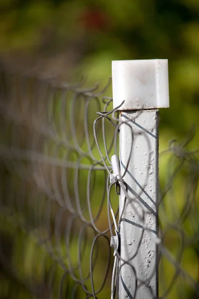 Close-up ketting hek op witte metalen palen, metalen gaas, selectieve focus — Stockfoto