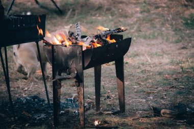 Ormanda bir akşam şenlik ateşi turuncu bir alev yakın çekim, doğada bir piknik, seçici odak