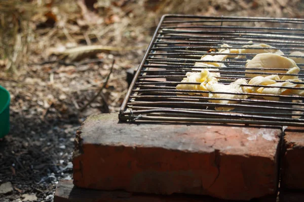 Mozzarella peyniri bir kamp mutfağında kamp ateşi nde pişirilir, seçici odak — Stok fotoğraf