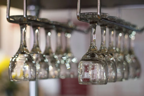 Many clean glasses hang on a holder in a bar, selective focus — Stock Photo, Image