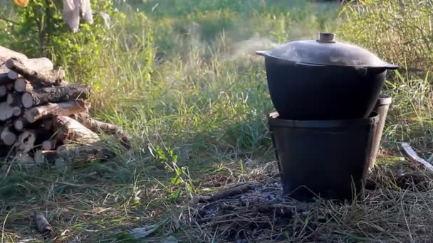 Close Cauldron Fire Smokes Background Nature Concept Tourism Hiking — Stock Video