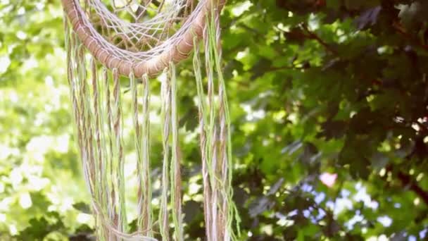 公園の枝に掛かる多色手織りのマクラメドリームキャッチャーのクローズアップ — ストック動画