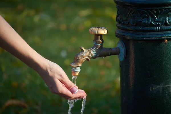 Primer plano de la mano femenina bajo el agua de una columna de estilo antiguo con agua potable en un parque de otoño, enfoque selectivo —  Fotos de Stock