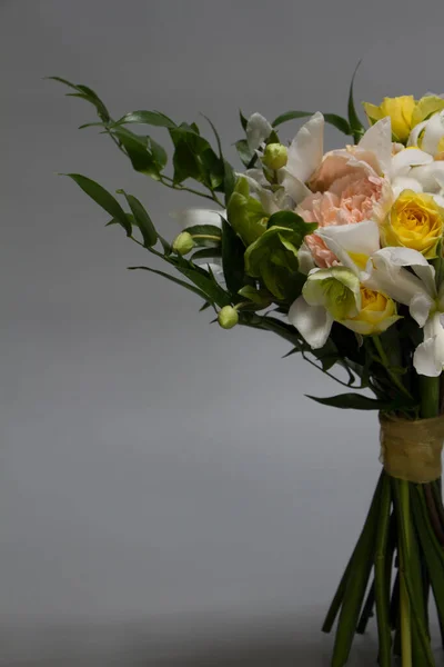 Bouquet Mariage Bienvenue Dans Style Vintage Fond Gris Clair Mise — Photo