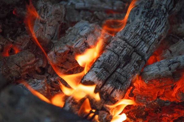Odunlar Bacada Yanıyor Yakacak Odun Kömür Kehribar Külü Yakın Plan — Stok fotoğraf
