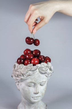 Kırmızı kirazlarla dolu Yunan tanrıçası şeklindeki şık dekorasyon. Güzel tasarım elemanları. Gri arkaplan.