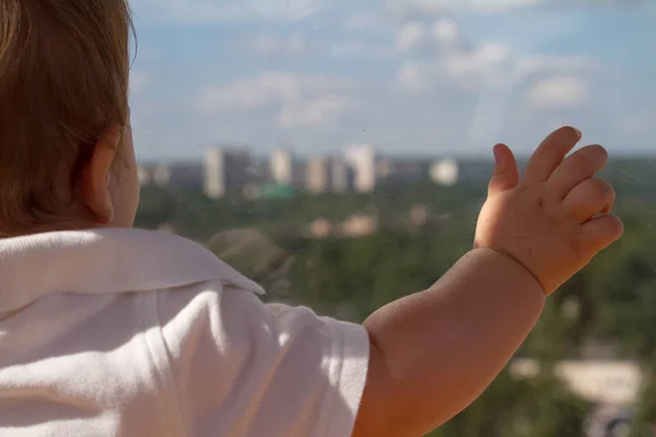 Vista Trasera Pequeño Niño Mira Por Ventana Muestra Con Mano —  Fotos de Stock