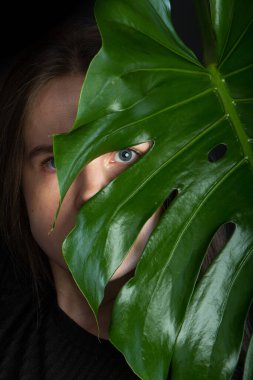 Uzun saçlı güzel esmer kız siyah arka plandaki canavar yaprağına bakıyor, seçici odaklı.