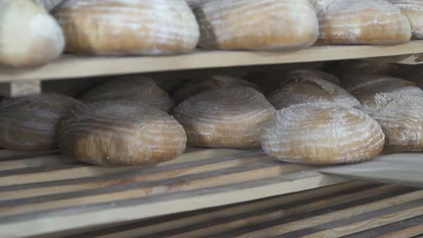 Dejte pečeného chleba na stojanu. Zpomalený pohyb — Stock video