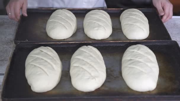 Il panettiere prende una pastella con la pasta. rallentatore — Video Stock