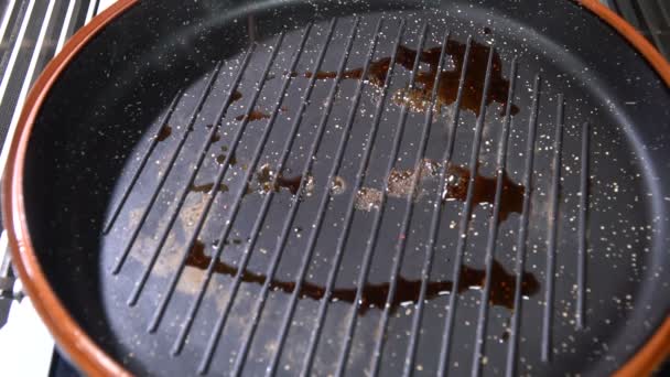 Soy Sauce Poured Skillet Slow Motion — Stock Video