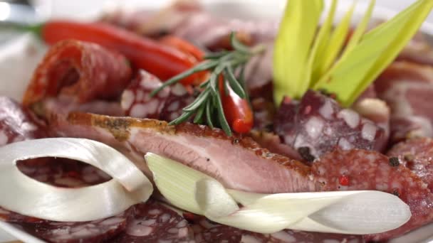 Plato con carne rociada con romero. cámara lenta — Vídeos de Stock