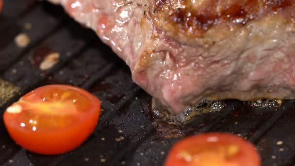 Förbereda biff med tomater i en stekpanna. slowmotion — Stockvideo