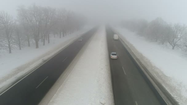 Estrada de Inverno no nevoeiro. Vídeo aéreo — Vídeo de Stock