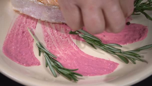Decorate plate with salmon steak. Slow motion — Stock Footage Decorate plate with salmon steak. Slow motion Stock Video