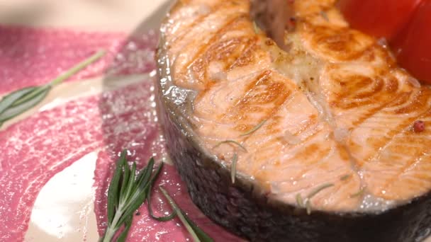 Salmon Steak Platter Sprinkled Rosemary Slow Motion 100F — Stock Video