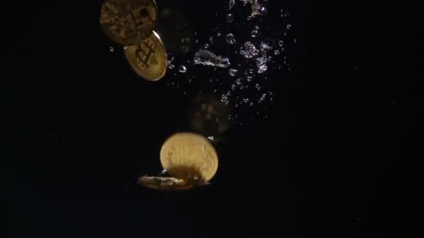 Bitcoin fällt ins Wasser. Zeitlupe — Stockvideo
