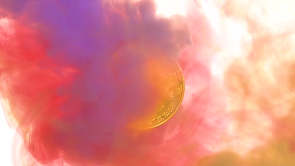 Bitcoin with colorful paints. Slow Motion — Stock Video