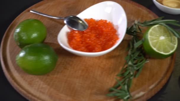 Ingredients for tartolet with red salmon caviar — Stock Video