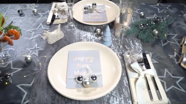 Christmas table with shrimps and champagne — Stock Video