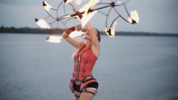 Girl with torch fire show. slow motion — Stock Video