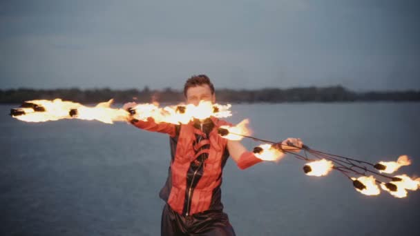 Man with torch fire show. slow motion — Stock Video