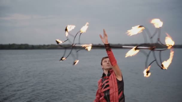 Man with torch fire show. slow motion — Stock Video