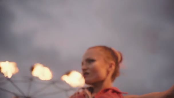 Girl with torch fire show. slow motion — Stock Video