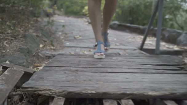 Meisje steekt een oude brug over — Stockvideo