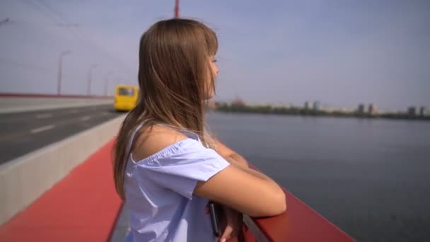Lány megy át a hídon — Stock videók