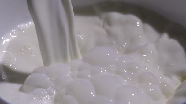 La leche se vierte en el tazón. Movimiento lento 250 fps — Vídeos de Stock