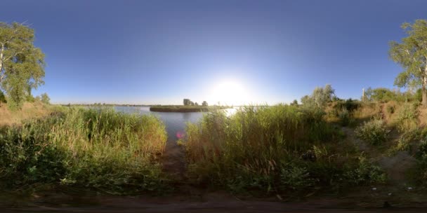 360 VR Natura na brzegu rzeki o zachodzie słońca — Wideo stockowe