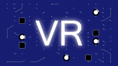 4 k Vr sembolü, hareketli elektron, elektronik bağlantılar, iletişim, fütüristik teknoloji futuristik bir devre kartı.