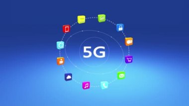 4k, 5G sembolü, sanal internet konsepti, çevrimiçi hizmet araçları ikon tartışması, sosyal medya, e-posta, e-market, bulut hesaplama, müzik, akıllı telefon şeması, kilit.