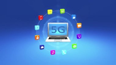 4 k 5g sembolü defter perde, sanal Internet kavramı, çizgi üzerinde hizmetleri becerikli alet simgeler-tartışma, sosyal medya, e-posta, e-shop, bulut bilgi işlem, müzik, smartphone, grafik, kilit.