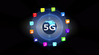 4 k 5g sembolü, kavram, çevrimiçi hizmetler simgeler, dünya döner etrafında sosyal medya.