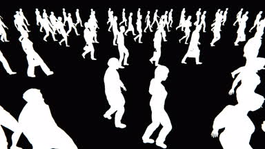 4 k insanlar kalabalık yürüyüş, beyaz işadamı siluet siyah arka plan.