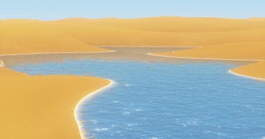 çöl, dolambaçlı kum tepeleri ve mavi gökyüzü Nehri akan 4k Parlatıcı.