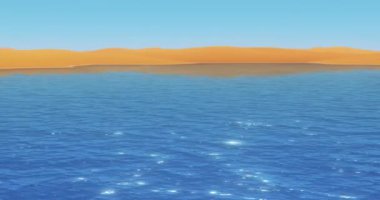 4 k okyanus ve mavi göl, dolambaçlı çöl kum tepeleri ve geniş mavi gökyüzü.