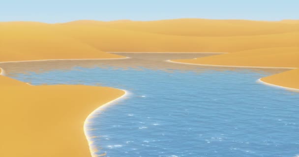 Fiume Splendente Che Scorre Nel Deserto Dune Sabbia Sinuose Cielo — Video Stock