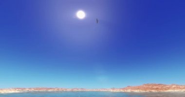 4 k Eagles hovering yüksek gökyüzü, göl ve dağ, parlak güneş.