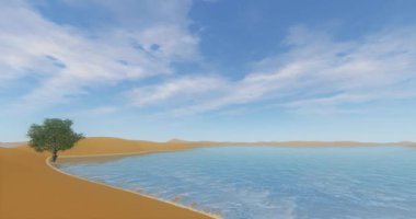 4k okyanus plaj rüzgarda sallanan bir yalnız ağaç çöl ve kum tepeleri, üzerinde uçan bulut.