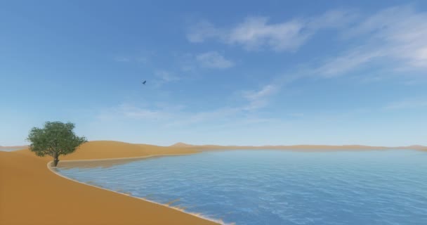 老鹰飞过沙漠和沙丘 一棵孤独的树在风中摇曳在海边 — 图库视频影像