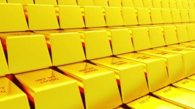 4 k Altın külçe altın hazine servet Ingot lüks Finans mal ticareti barlar, yığılmış altın külçelerini 3d animasyon.