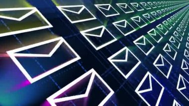 4k, E-posta zarf, uçan posta, gelecekteki tech ekran arka planı.